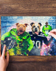 Personalized 2 pet puzzle featuring dogs in football uniforms, being assembled on a wooden surface.