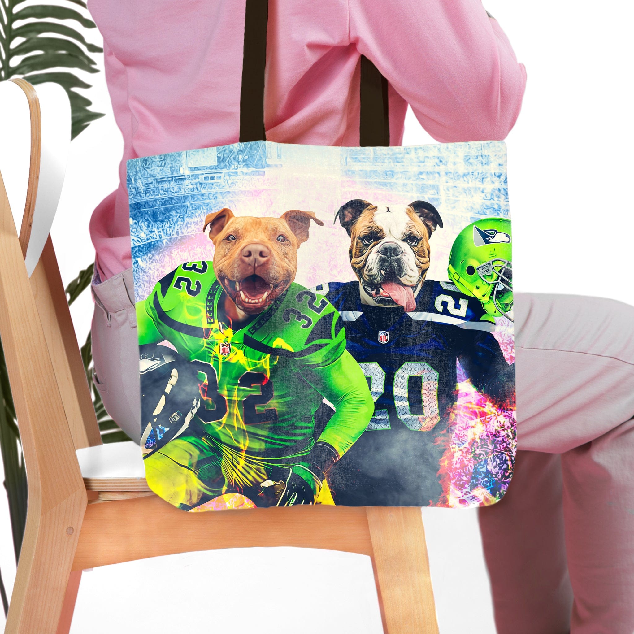 Personalized 'Seattle Doggos' tote bag featuring two custom pet portraits as football players.