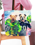 Personalized 'Seattle Doggos' tote bag featuring two custom pet portraits as football players.
