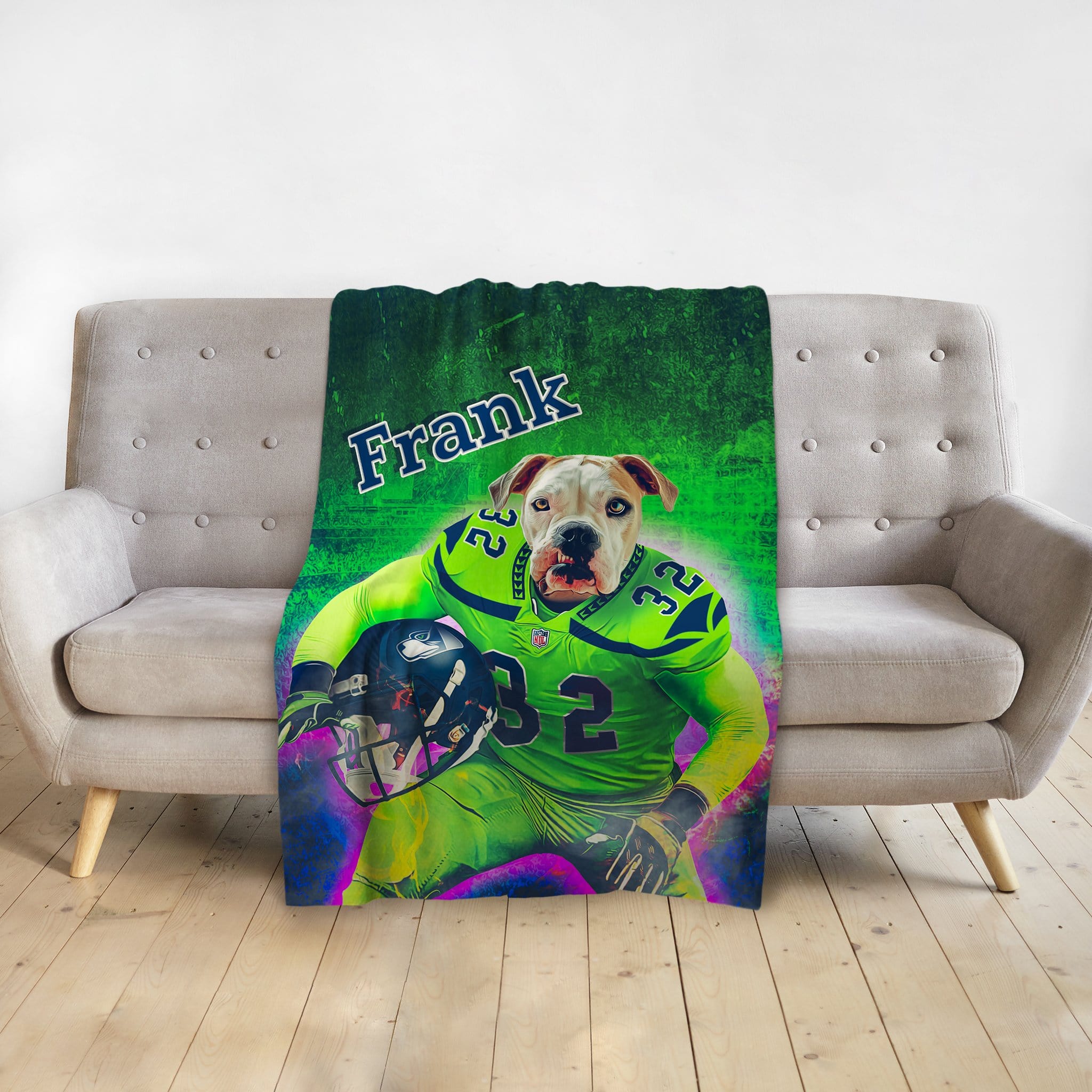 Personalized pet blanket with a dog portrait in a green football uniform, named "Frank.
