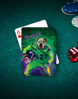 Personalized pet playing card featuring a bulldog in a green football uniform, named "Frank".