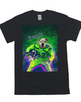 Black Gildan t-shirt with a personalized graphic of a dog in a neon green football uniform, holding a helmet.