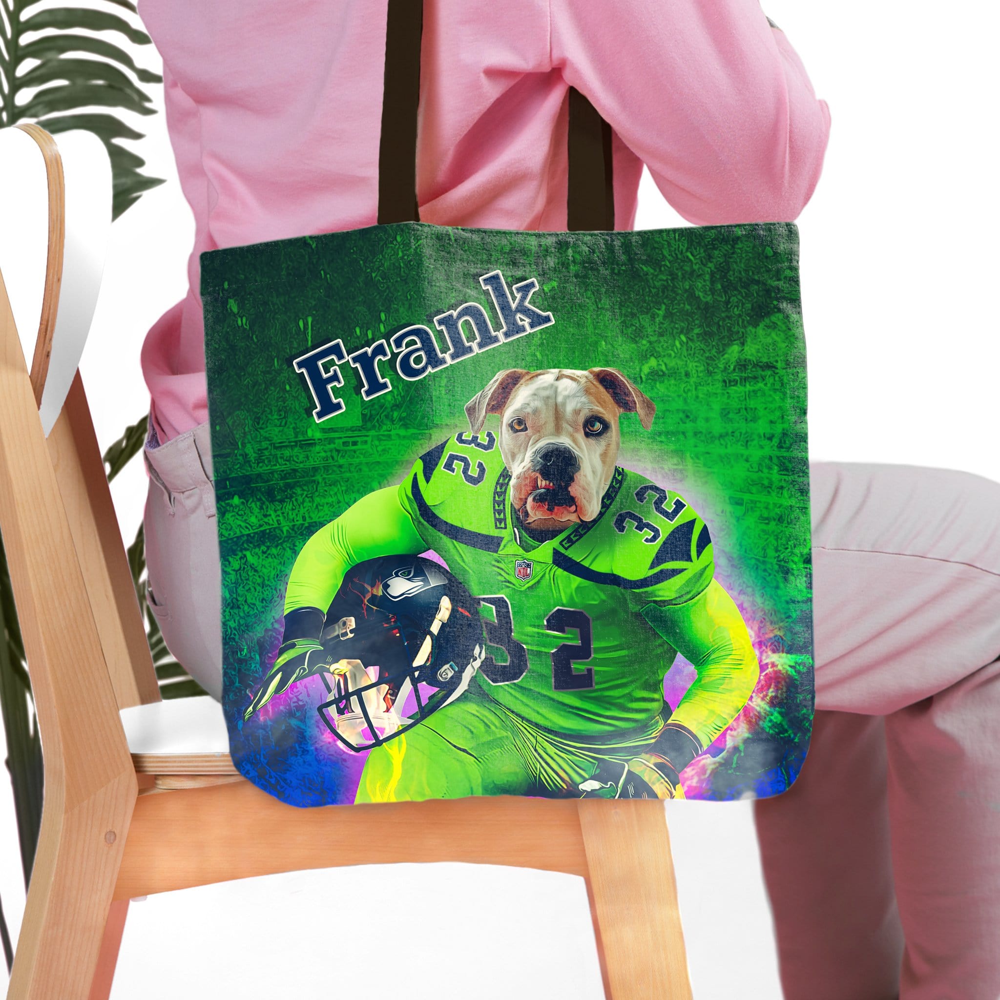 Personalized green tote bag with a custom dog portrait in a football uniform, named "Frank".