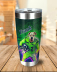 Personalized stainless steel tumbler with a custom dog portrait in a football uniform.