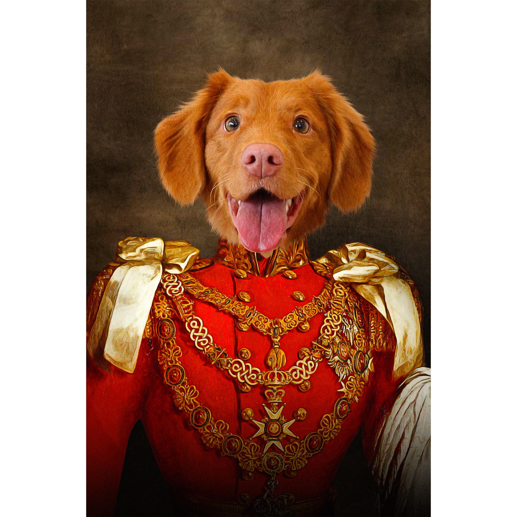 Custom personalized digital portrait of a happy dog in a red royal military uniform.