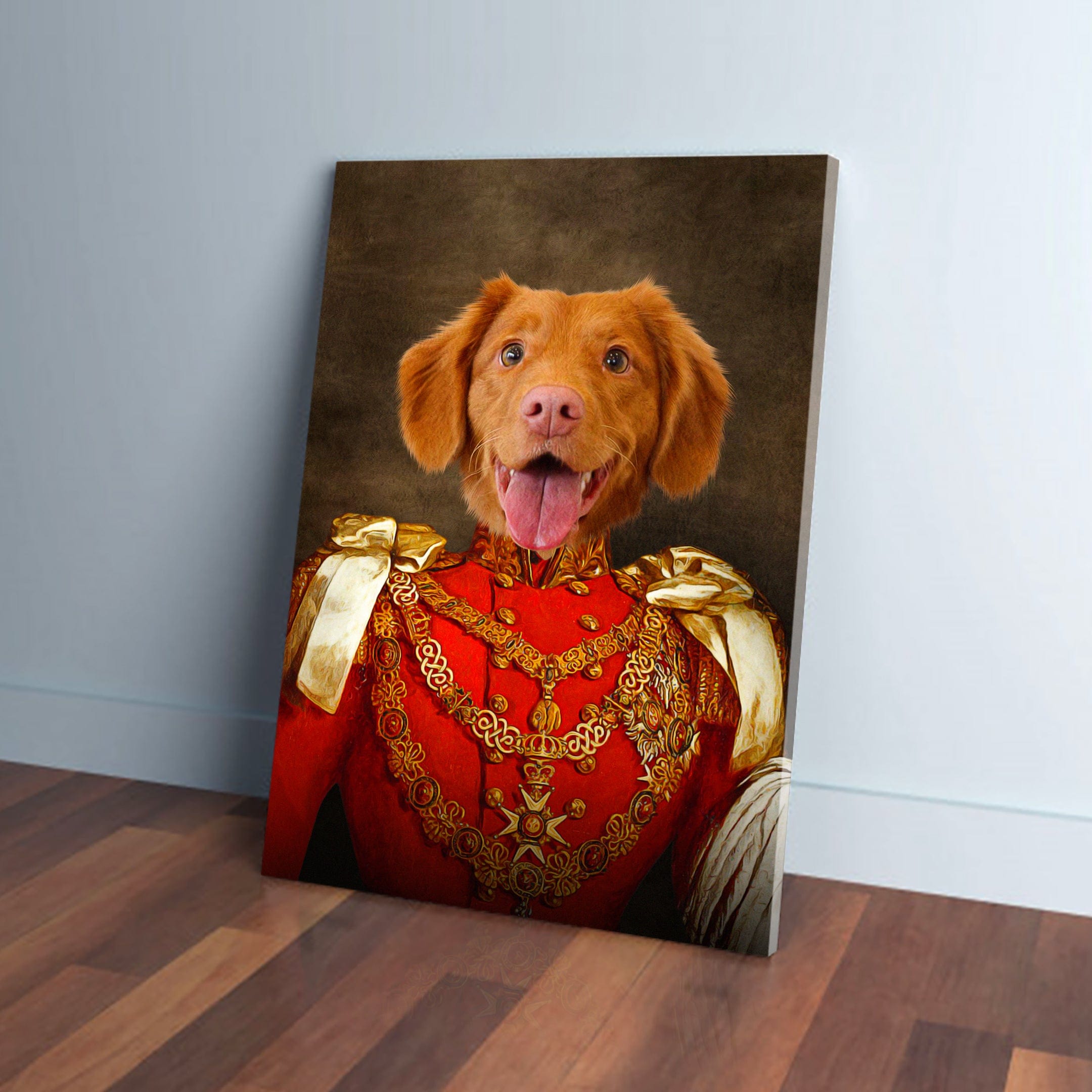 Custom pet portrait canvas featuring a happy brown dog in a red and gold military uniform.
