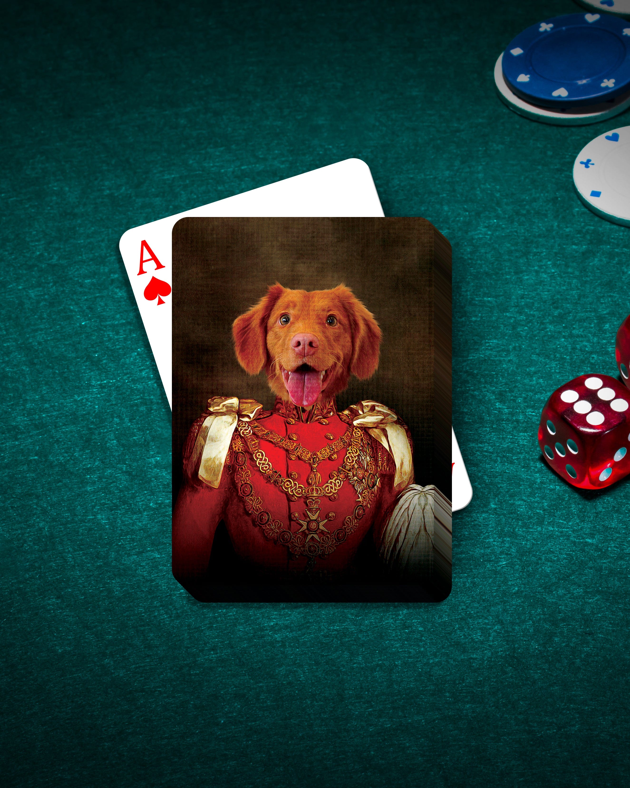Personalized playing cards featuring a dog in a red royal military uniform on a green poker table.