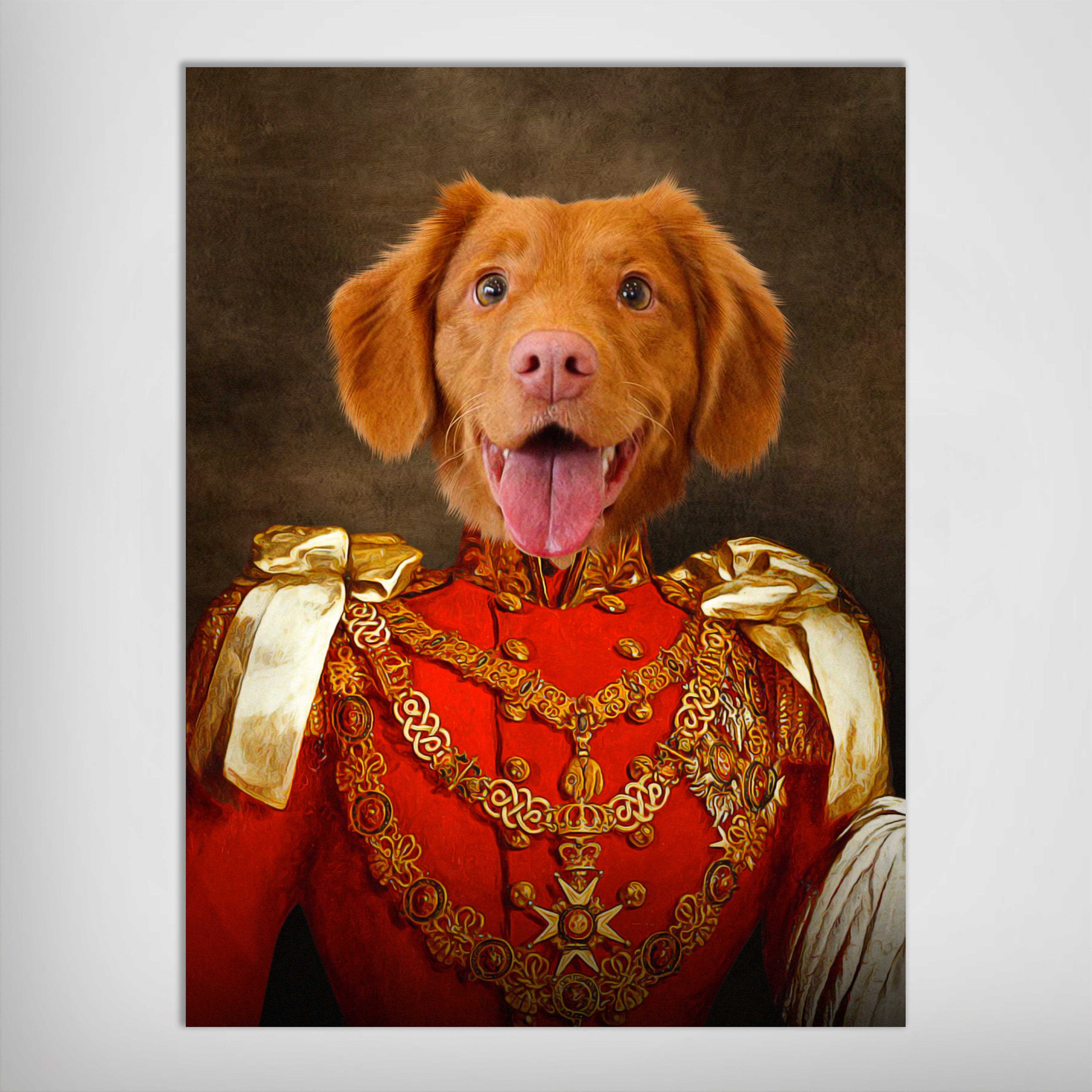 Personalized 'Sergeant Bork' pet poster featuring a happy Nova Scotia Duck Tolling Retriever in a red and gold military uniform.