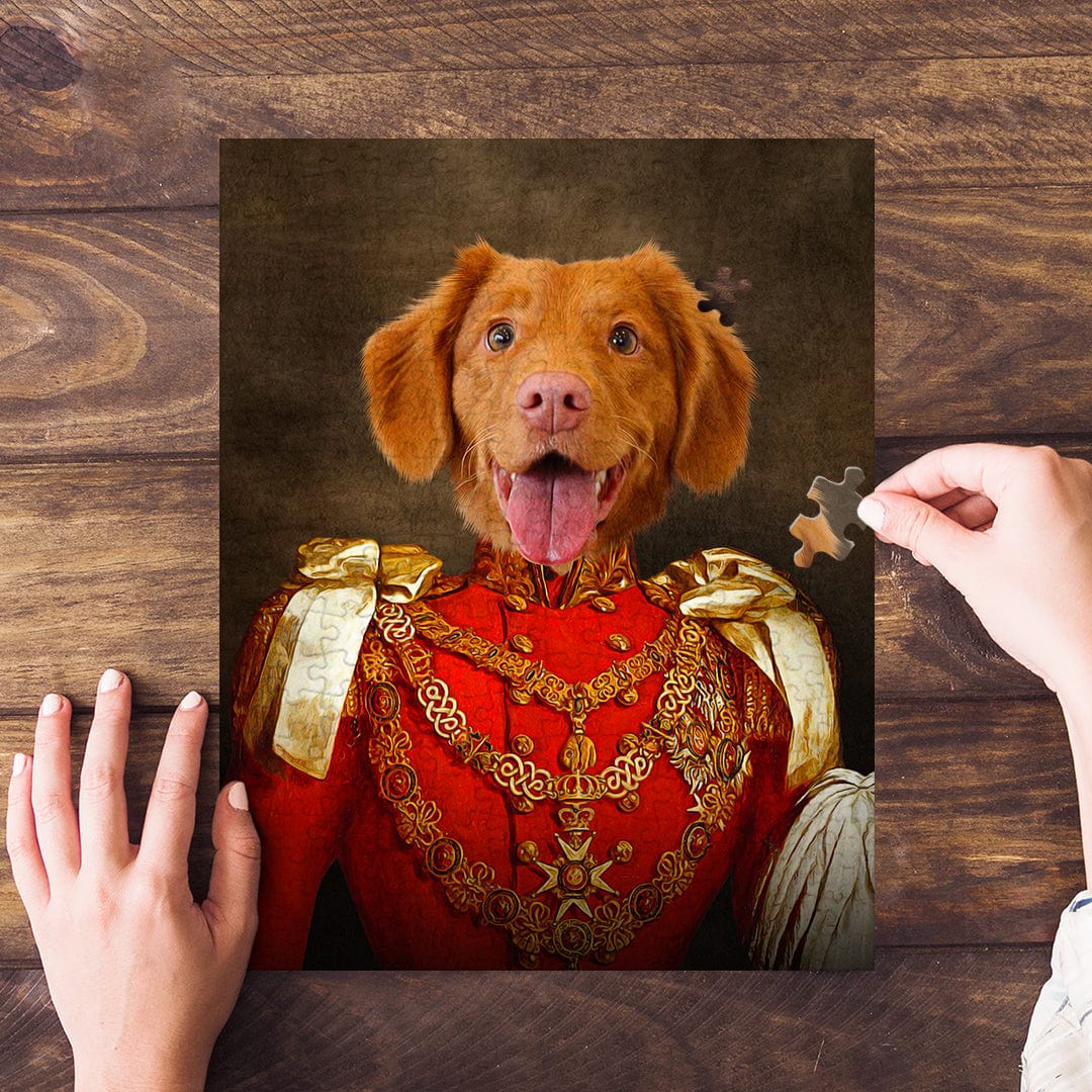 Personalized dog puzzle, "Sergeant Bork" royal renaissance portrait style, red uniform with gold details.