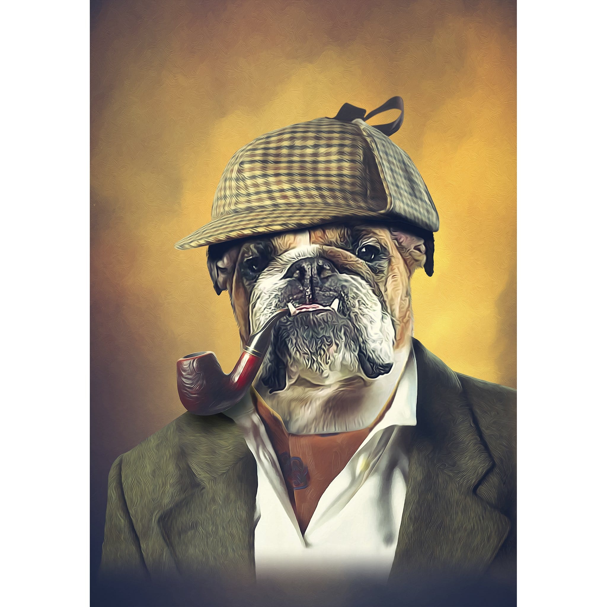 Custom Sherlock Doggo digital portrait of a bulldog in a deerstalker hat and smoking a pipe.