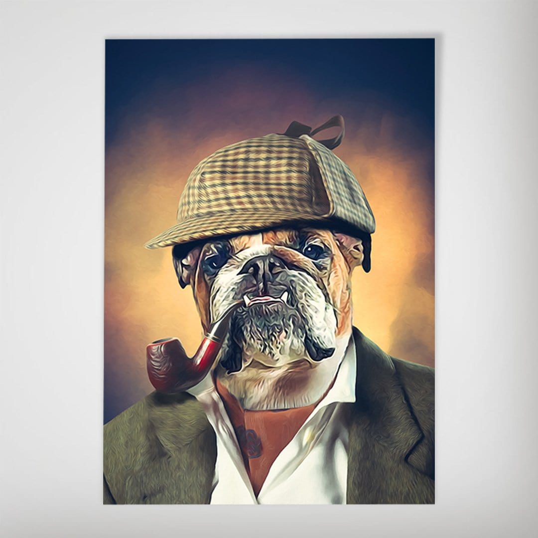 Personalized Sherlock Doggo poster featuring a bulldog in a plaid deerstalker hat and smoking a pipe.