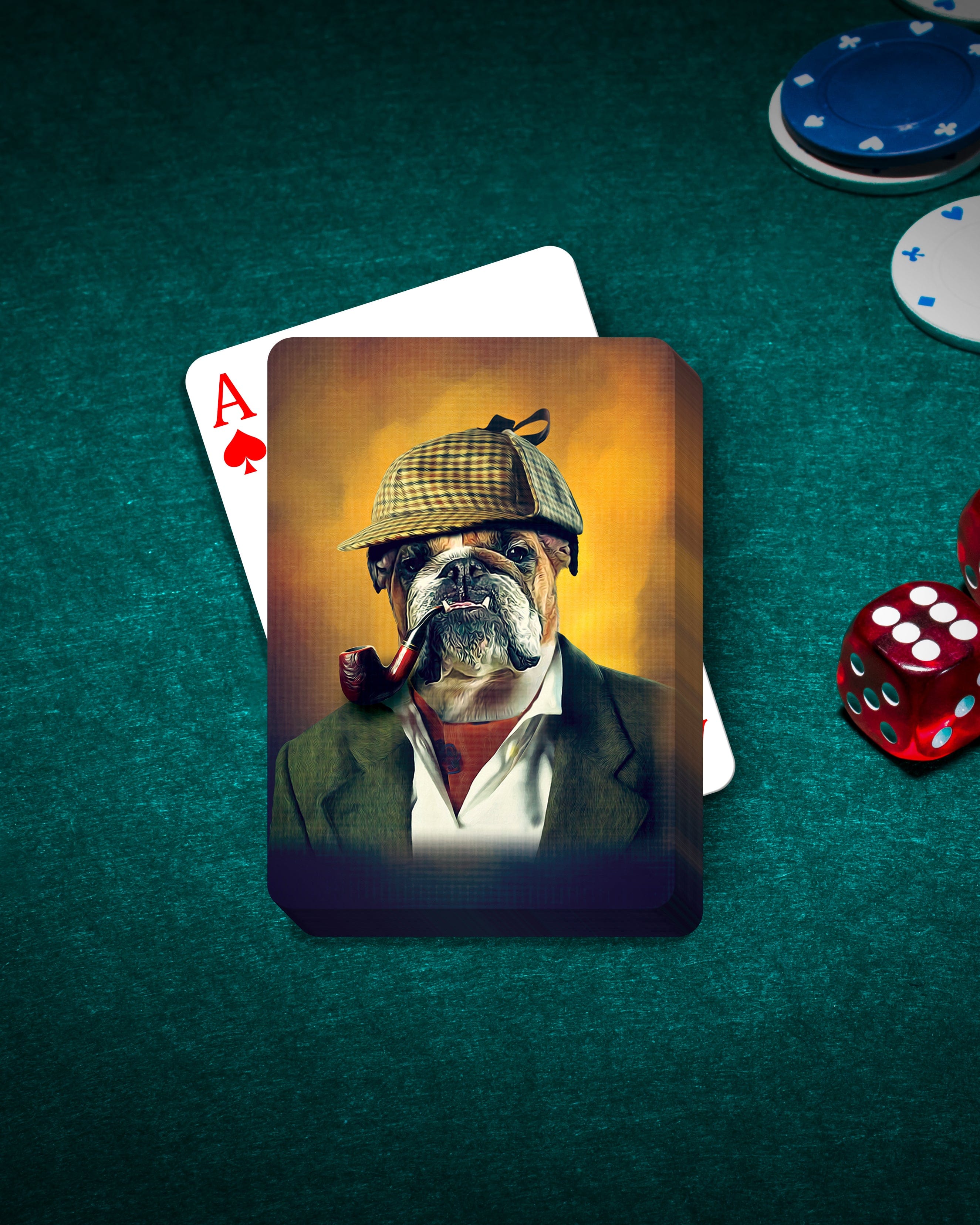 Custom personalized playing cards featuring a bulldog pet portrait in a Sherlock Holmes style.