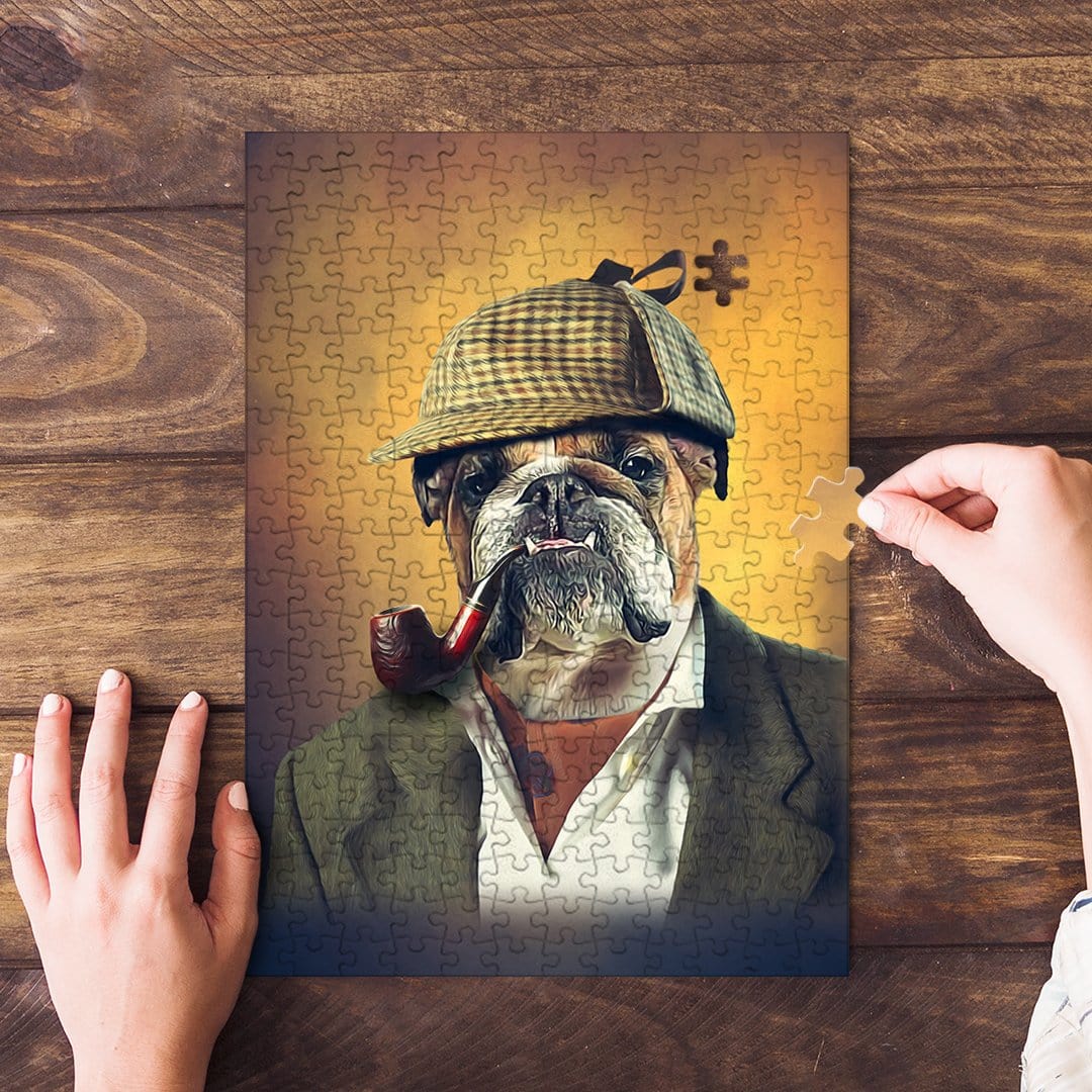 Personalized pet puzzle featuring a bulldog in a Sherlock Holmes detective costume with a pipe.