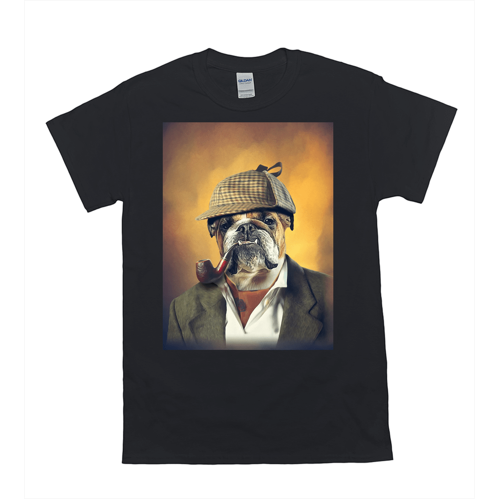 Black Gildan t-shirt with a bulldog in a Sherlock Holmes hat and smoking pipe design.