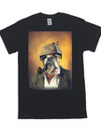 Black Gildan t-shirt with a bulldog in a Sherlock Holmes hat and smoking pipe design.