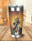 Personalized stainless steel tumbler with a custom Sherlock-style bulldog pet portrait.