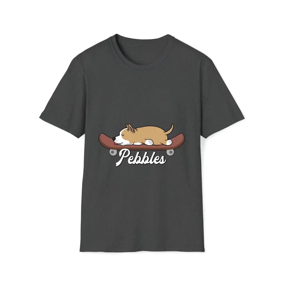 Charcoal Gildan t-shirt with a cute brown and white dog lying on a skateboard, "Pebbles" printed below.