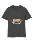 Charcoal Gildan t-shirt with a cute brown and white dog lying on a skateboard, "Pebbles" printed below.