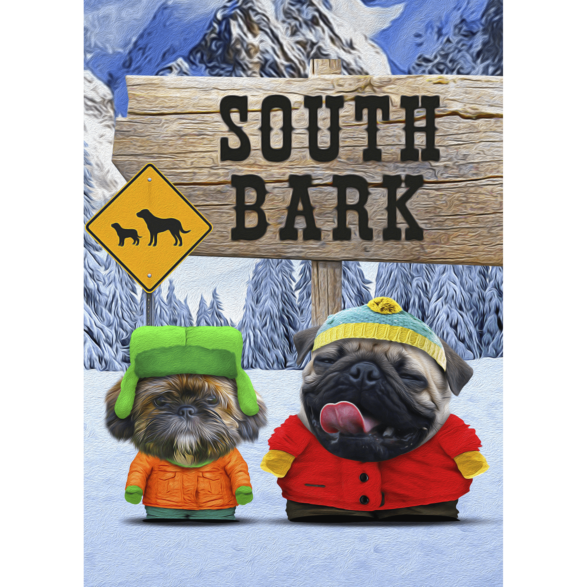 Custom digital portrait of two pets as South Park characters in a snowy mountain scene.