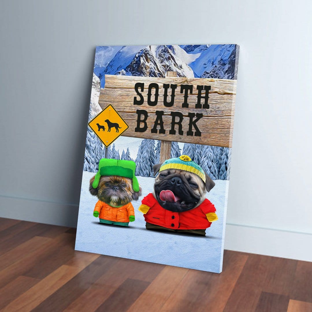 Custom 'South Bark' canvas featuring two pets dressed in winter coats and hats in a snowy mountain scene.