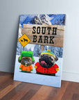 Custom 'South Bark' canvas featuring two pets dressed in winter coats and hats in a snowy mountain scene.