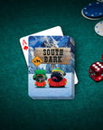 Personalized 'South Bark' playing cards featuring two cartoon pugs in winter gear on a green felt table with poker chips and dice.