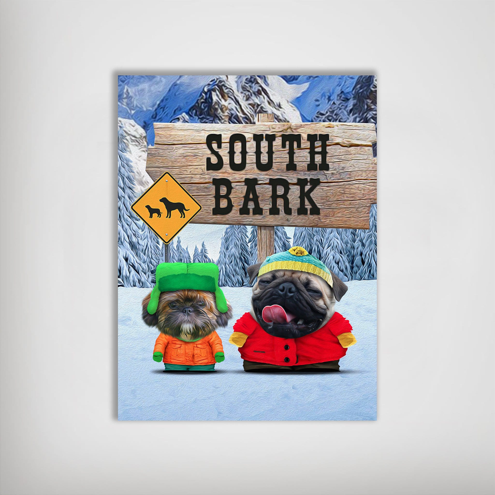 Personalized 'South Bark' poster featuring two pets dressed as South Park characters in a snowy landscape.