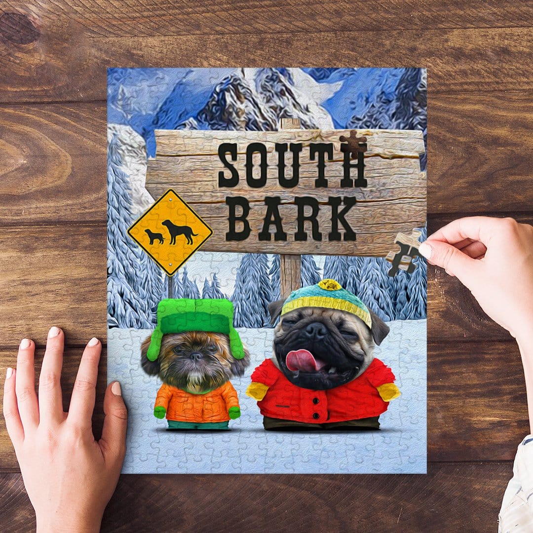 Personalized 2-pet puzzle featuring dogs in South Park style, with a "South Bark" sign and snowy mountains.