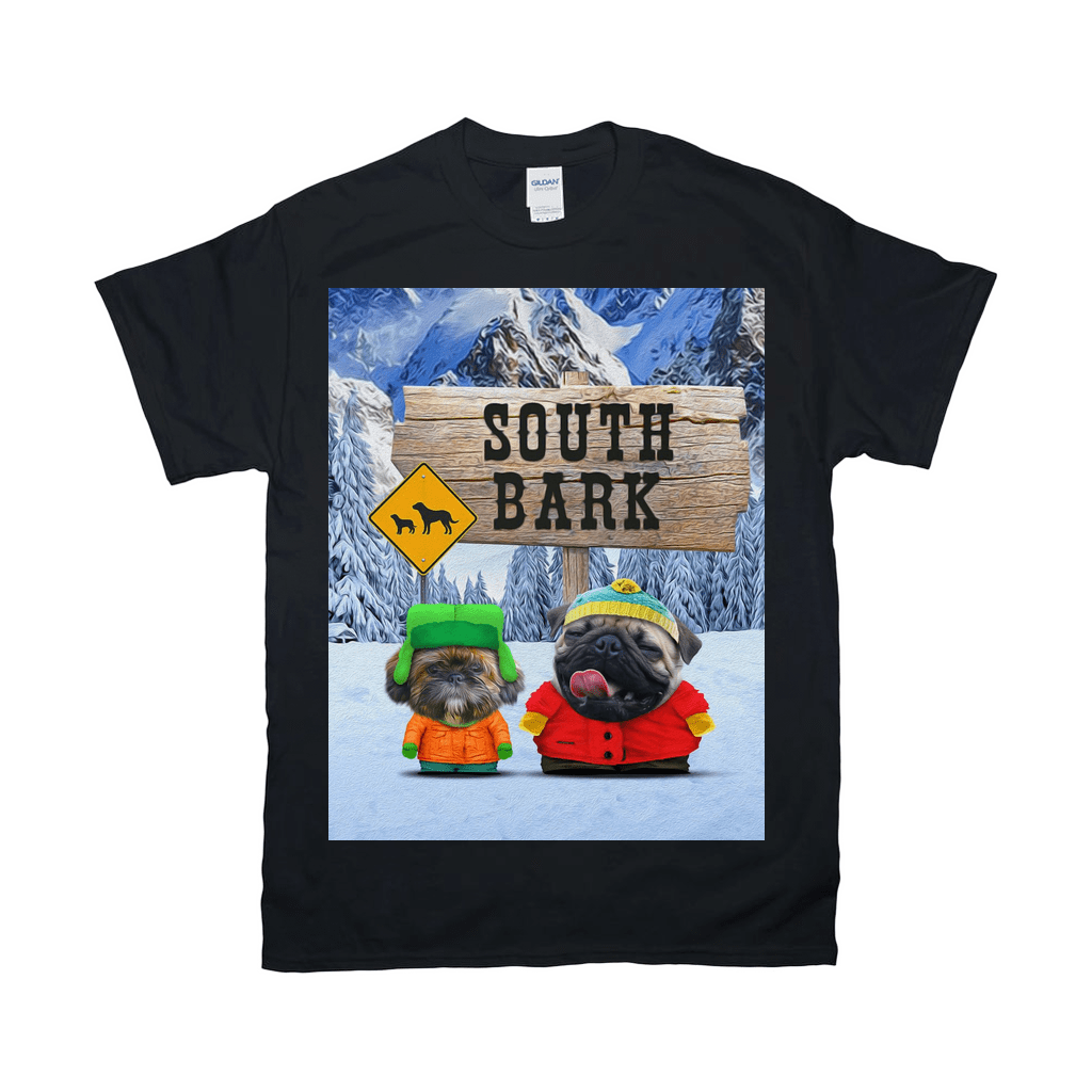 Black Gildan t-shirt with two pugs dressed in winter gear in a snowy "South Bark" mountain scene.