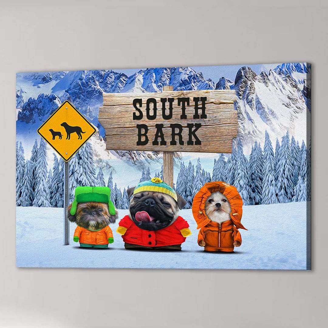 Custom canvas art featuring three dogs dressed in winter coats in a snowy mountain landscape with a "South Bark" sign.