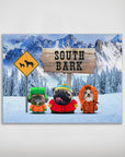 Personalized "South Bark" poster featuring three pets dressed in winter coats against snowy mountains.
