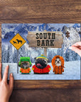 Personalized 3 pet puzzle featuring dogs in South Bark cartoon style, being assembled on a wood table.