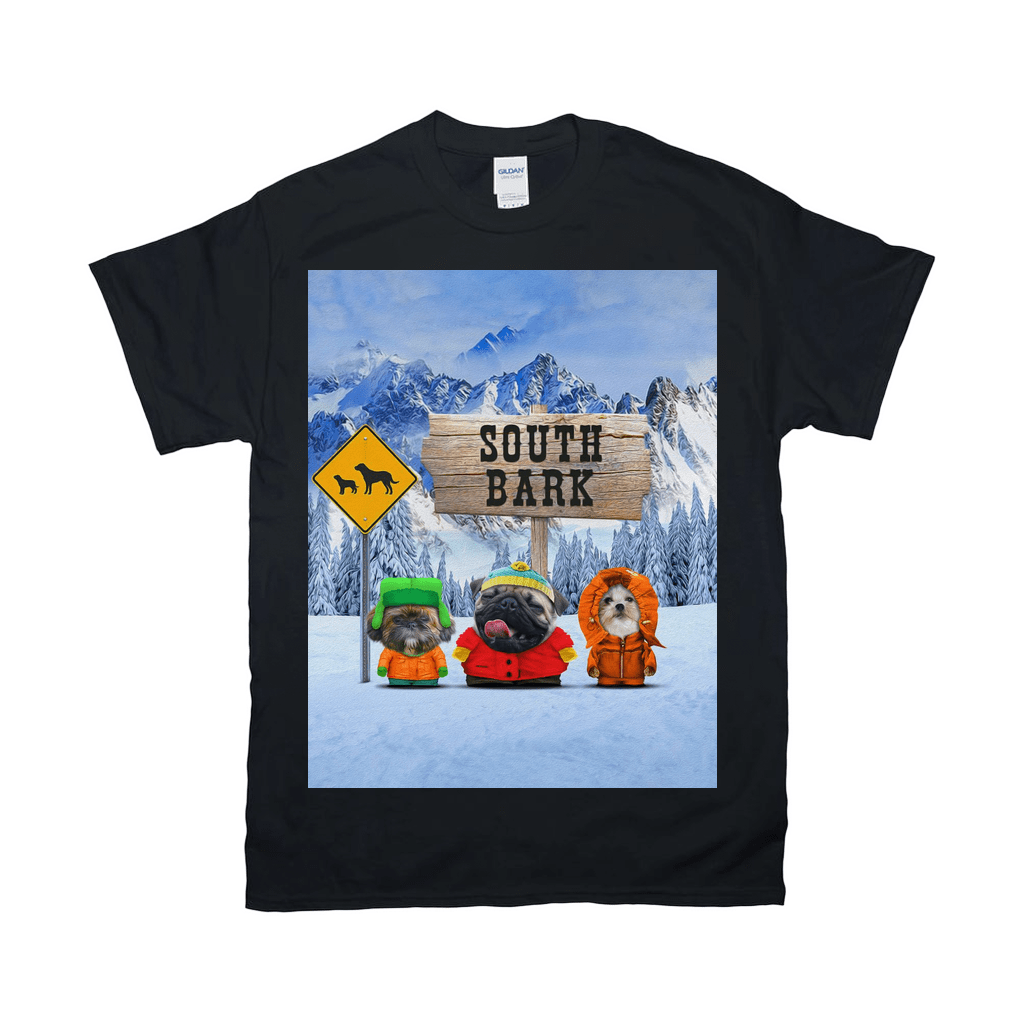 Black Gildan t-shirt with a "South Bark" design featuring three dogs dressed as South Park characters in snow.