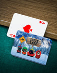 Custom "South Bark" playing cards with four personalized dog portraits in winter gear, next to an Ace of Spades.
