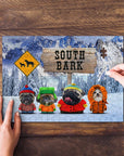 Personalized 4-pet puzzle featuring dogs in South Bark cartoon style, winter mountain background.