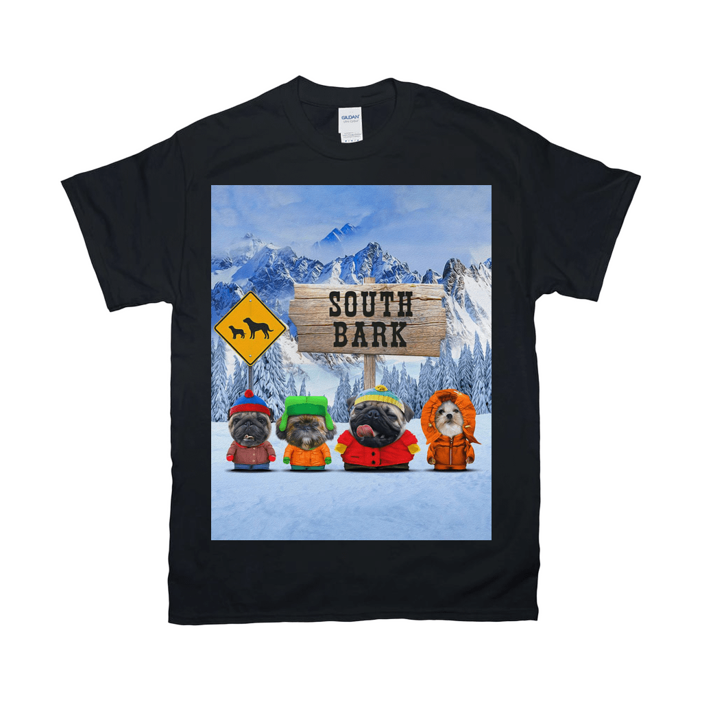 Black Gildan t-shirt with "South Bark" design featuring four pugs in winter coats on a snowy mountain background.