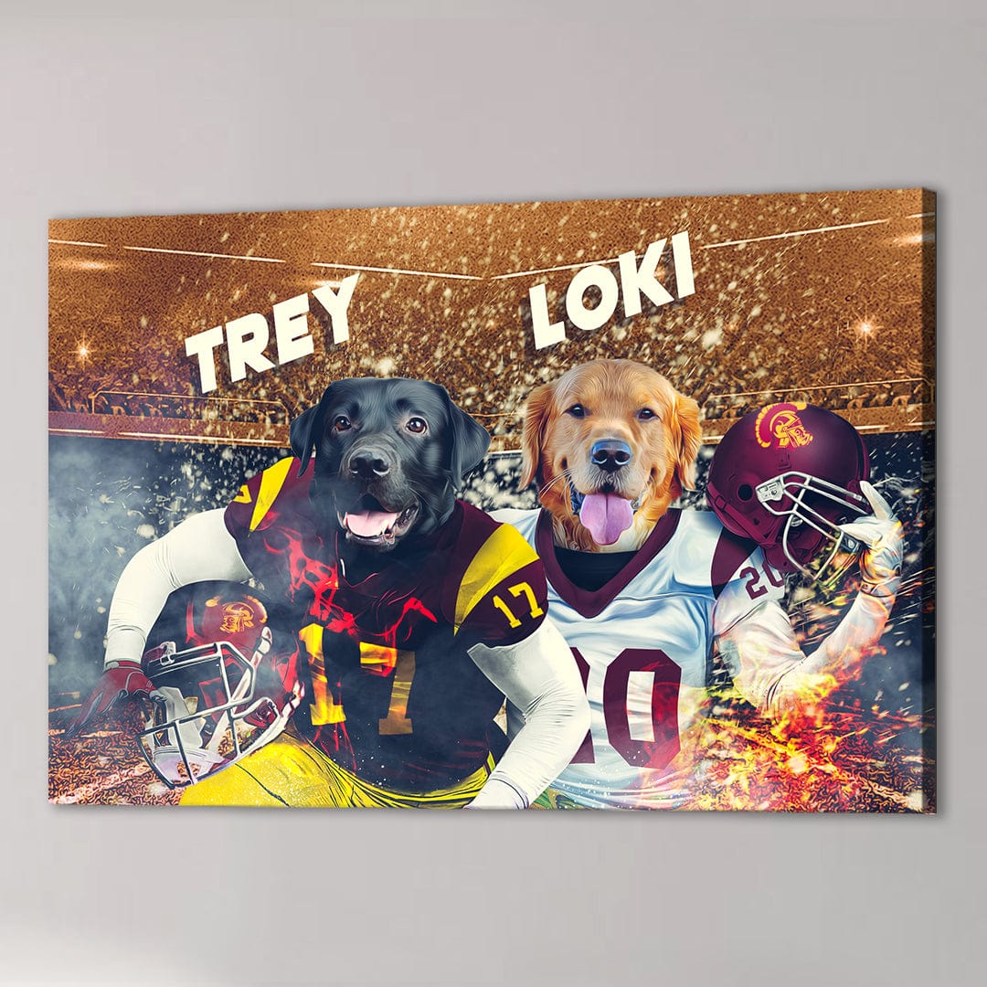 Personalized canvas featuring a black lab and golden retriever in USC football jerseys with names "Trey" and "Loki.