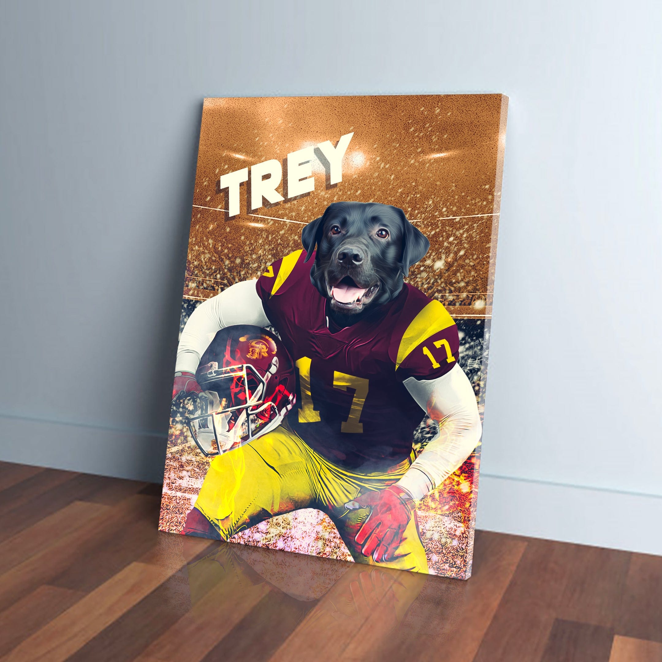 Personalized pet canvas featuring a black dog in a red and yellow football uniform with "TREY" above.