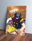 Personalized pet canvas featuring a black dog in a red and yellow football uniform with "TREY" above.
