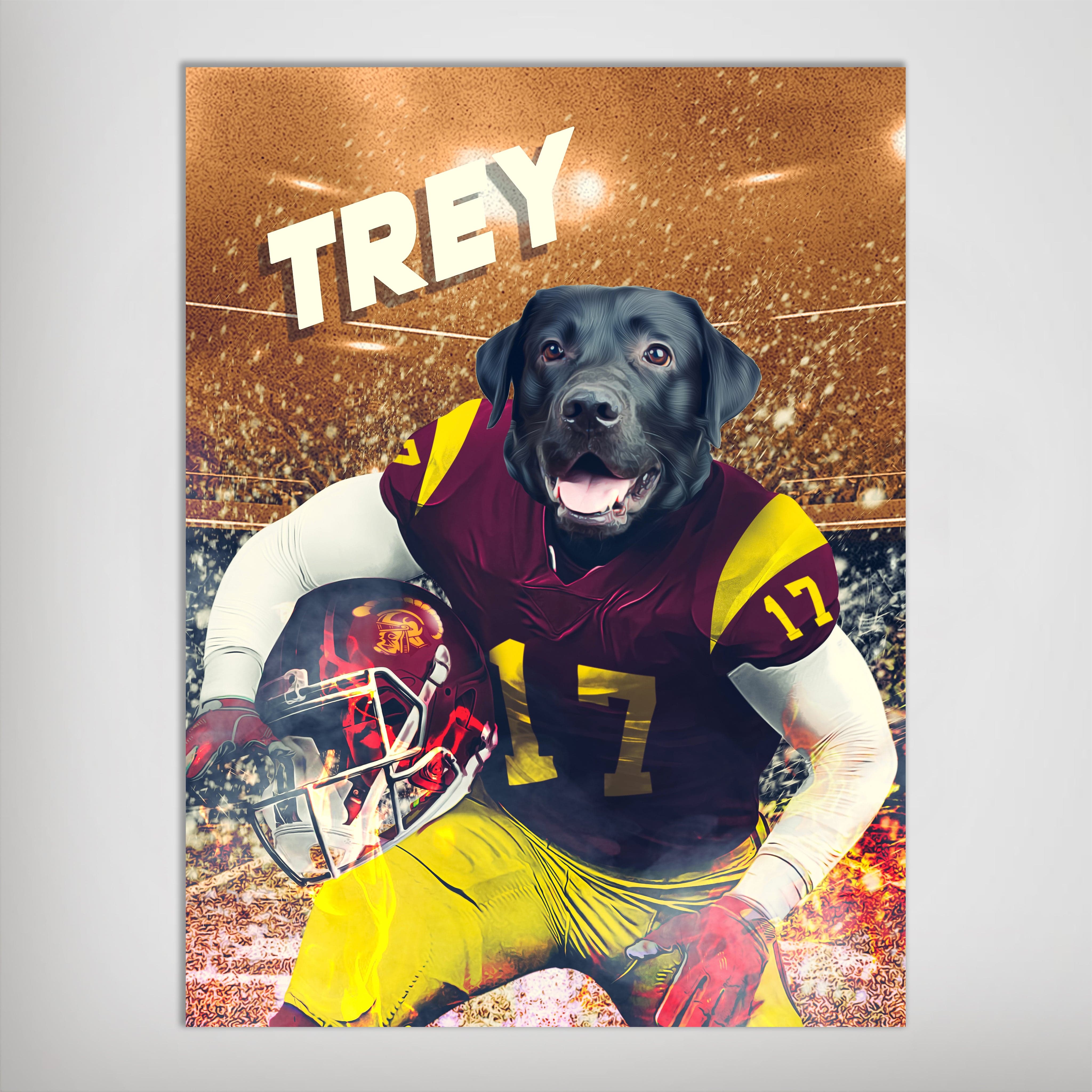 Personalized 'Southern California Doggos' poster featuring a black lab in a maroon and gold football uniform with helmet.