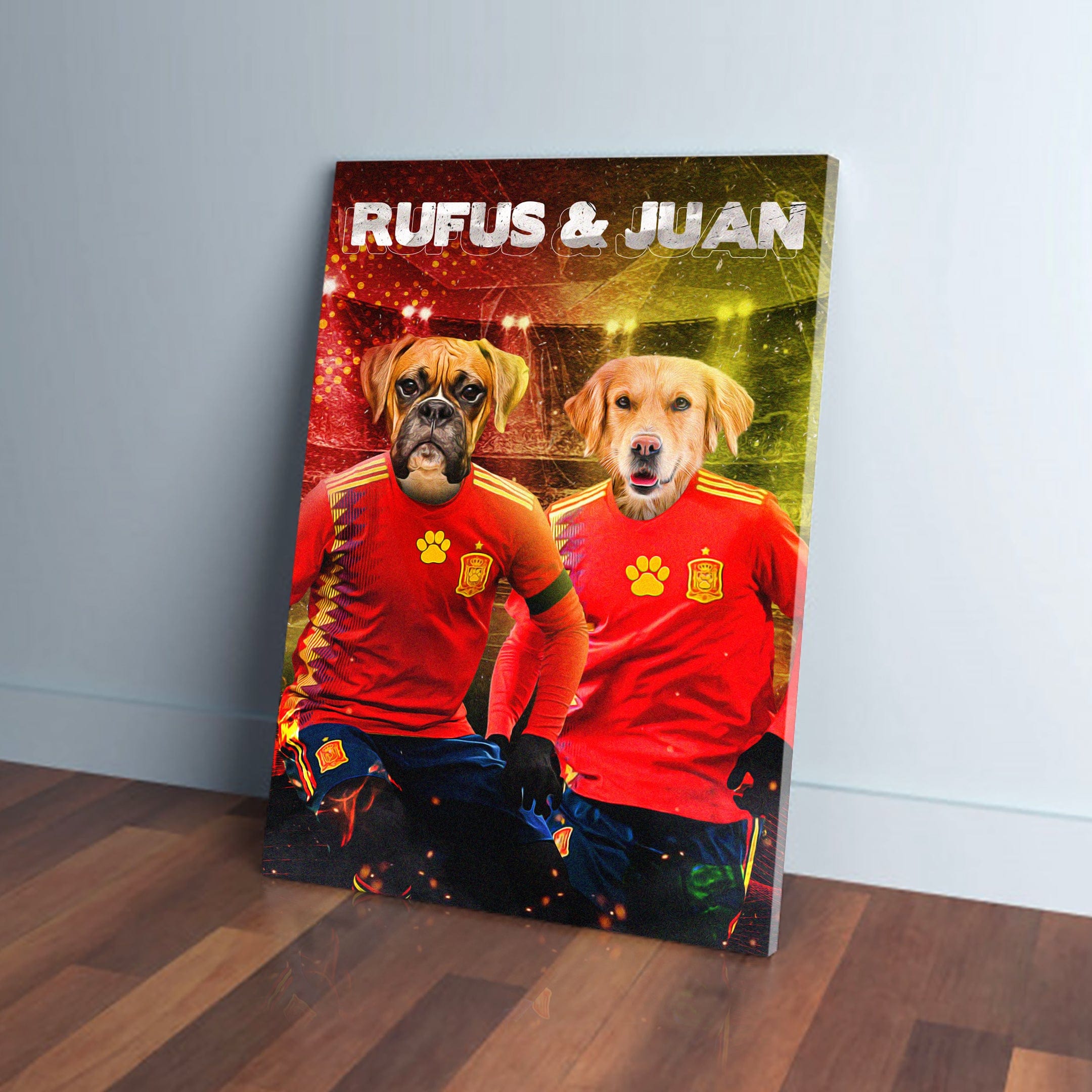 Personalized canvas featuring a boxer and golden retriever in red Spain soccer jerseys.