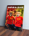 Personalized canvas featuring a boxer and golden retriever in red Spain soccer jerseys.