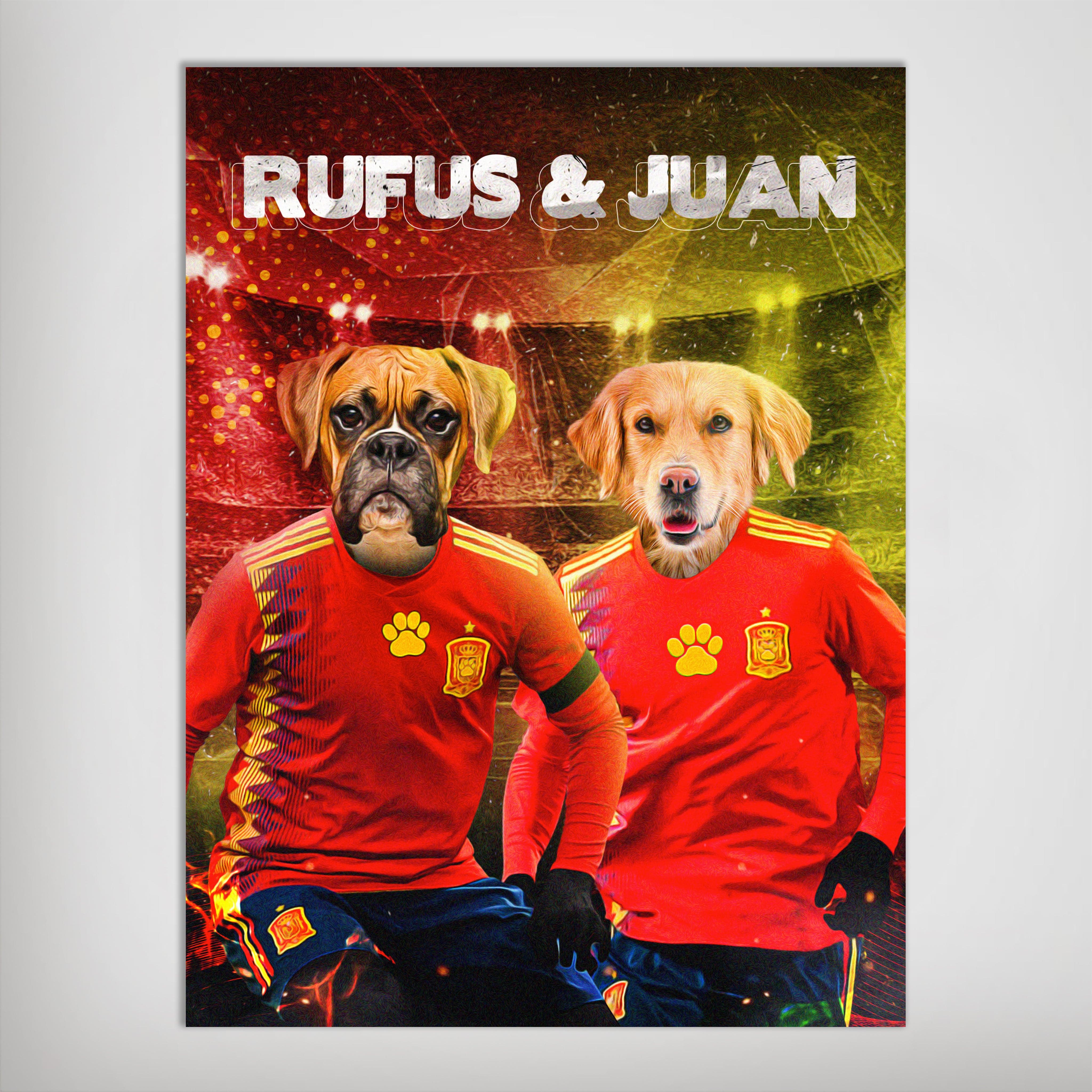Personalized 'Spain Doggos' poster featuring a Boxer and Golden Retriever in red soccer jerseys.