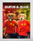 Personalized 'Spain Doggos' poster featuring a Boxer and Golden Retriever in red soccer jerseys.