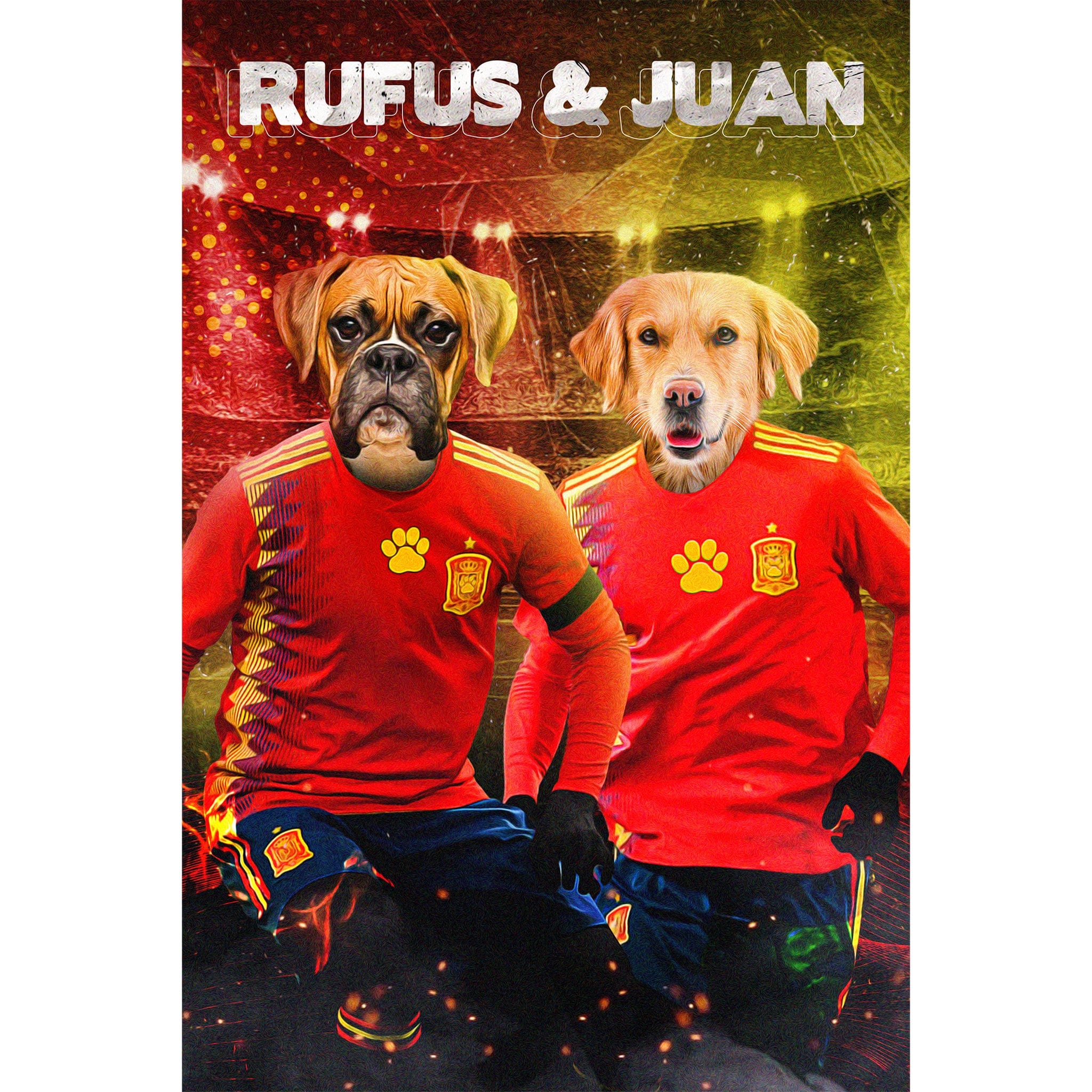 Custom digital portrait of two dogs, Rufus and Juan, in Spain soccer uniforms.