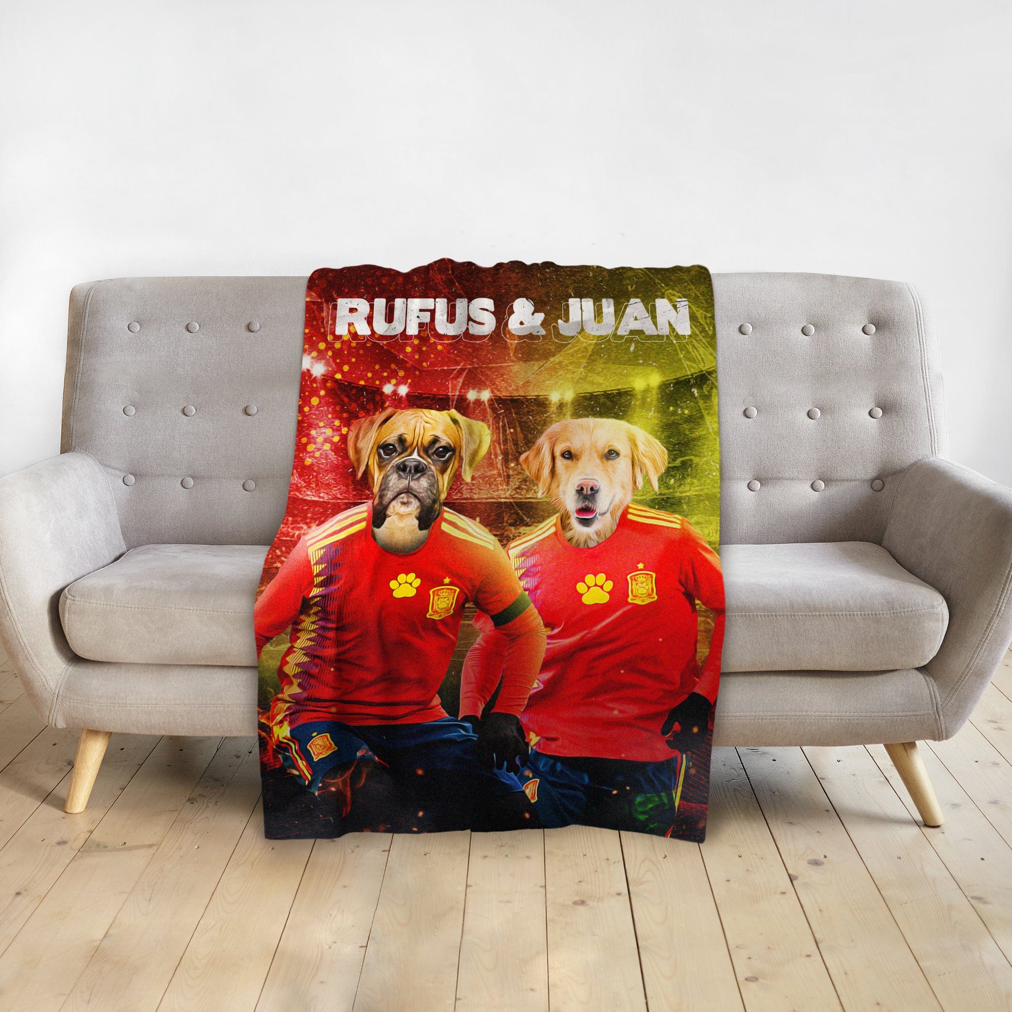 Personalized pet blanket with two dogs in Spain soccer jerseys, "Rufus & Juan" text.