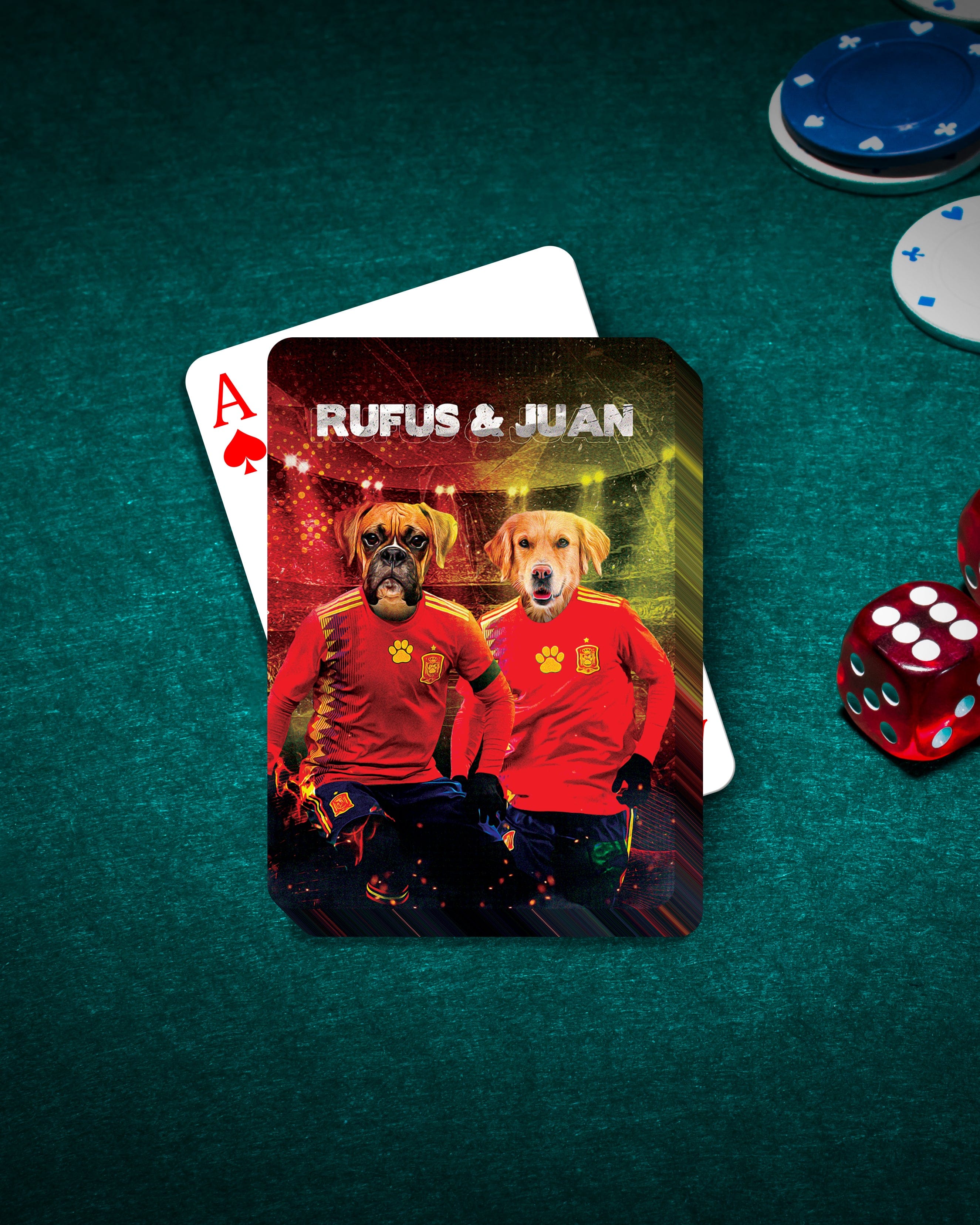 Personalized playing card featuring two dogs in Spain soccer jerseys, "Rufus & Juan" text, on a green felt table.