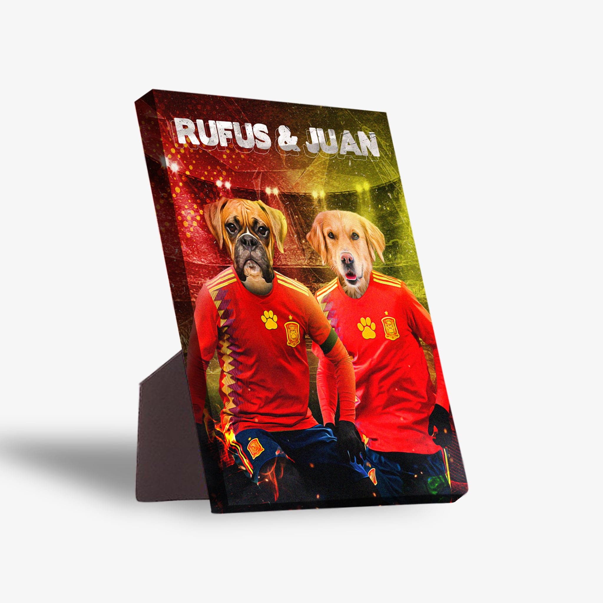 Personalized standing canvas featuring two pets, a Boxer and a Golden Retriever, in red Spain soccer jerseys.