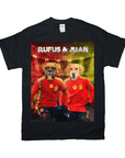 Black Gildan t-shirt with two dogs in red Spain soccer jerseys, personalized with "Rufus & Juan".