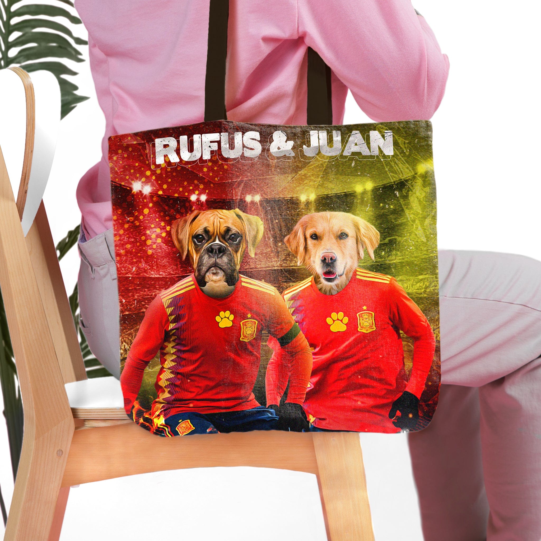 Personalized Spain Doggos Soccer tote bag with custom pet portraits of a Boxer and Golden Retriever.